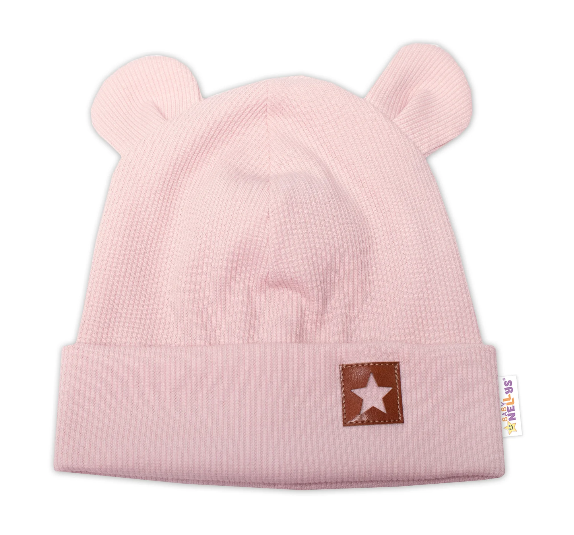 Baby Nellys Rebrovaná dvojvrstvová čiapka s uškami TEDDY - púdrová, veľ. 68/74