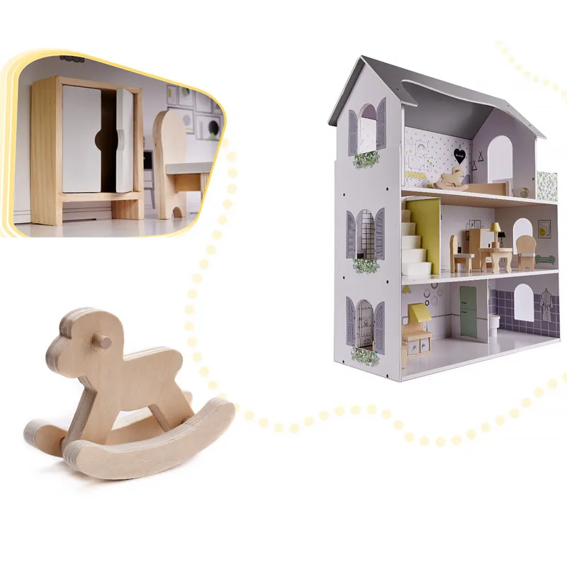 Hračka domček s nábytkom drevený DOLLHOUSE W06A393 sivý 70x60x24cm