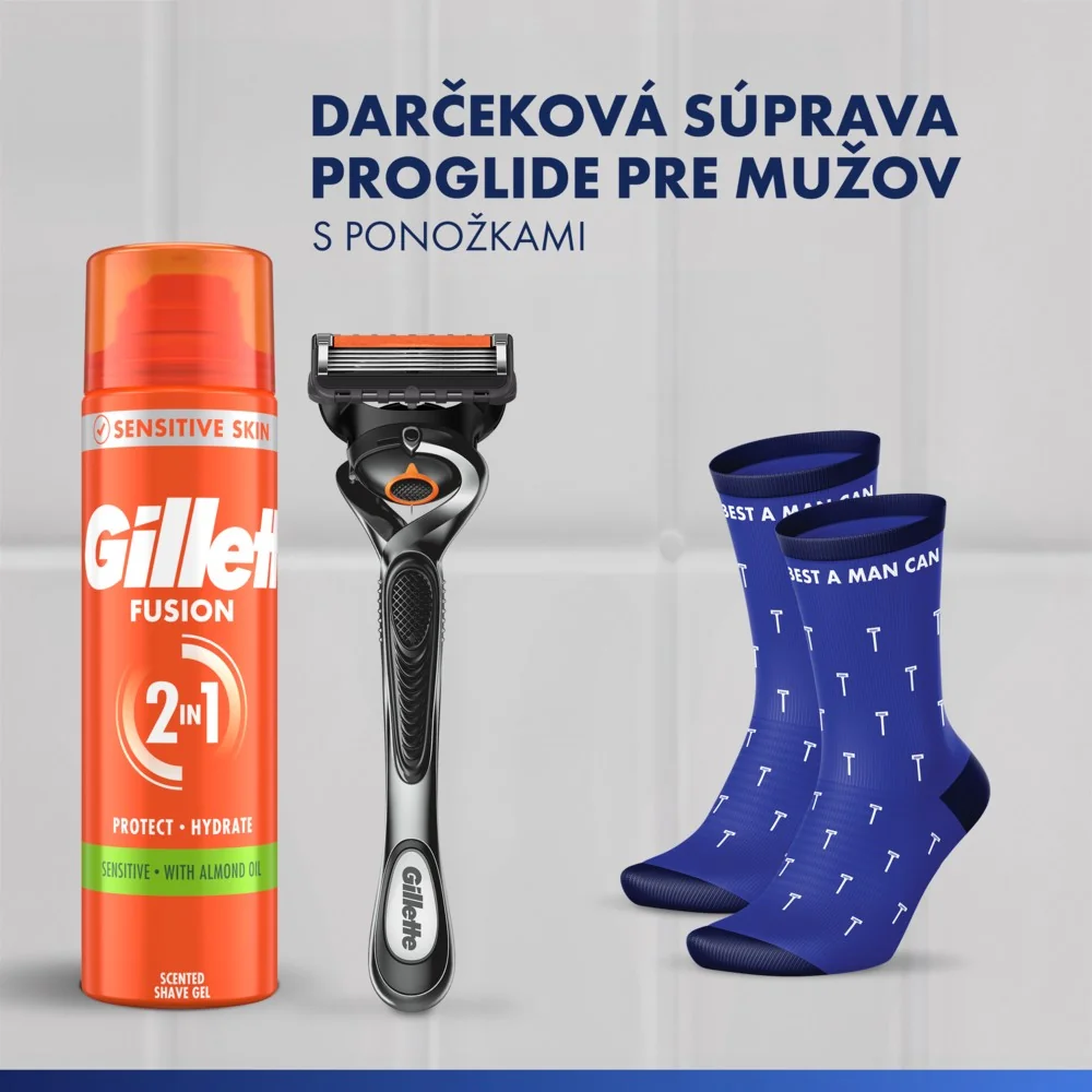 Gillette darčeková sada ProGlide: pánsky holiaci strojček s 5 čepeľami, 2 náhradné hlavice, gél na holenie, ponožky 1 set