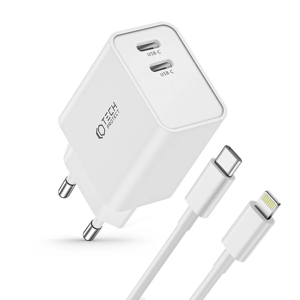 Tech-Protect C35W sieťová nabíjačka 2x USB-C 35W + kábel USB-C / Lightning, biela ning, biela