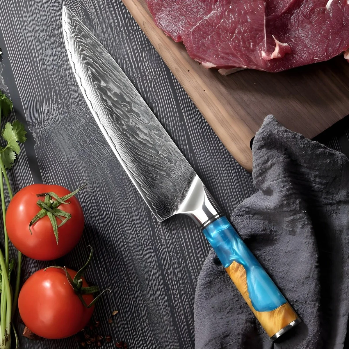 Damaškový kuchynský nôž - Tyrkysová 1 nôž Chef 33cm