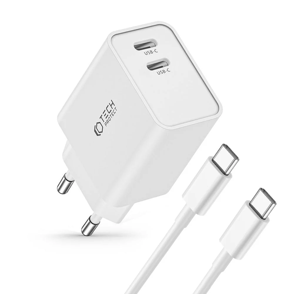 Tech-Protect C35W sieťová nabíjačka 2x USB-C 35W + kábel USB-C, biela
