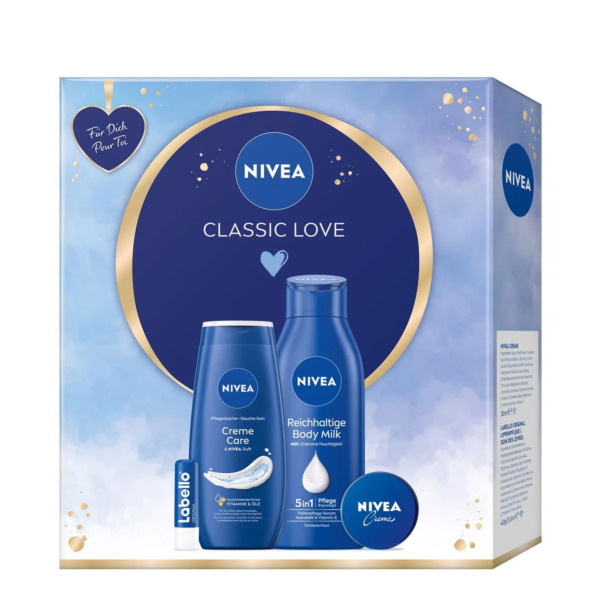 NIVEA darčeková kazeta Classic love (Nivea Creme Care sprchový gél 250ml + telové mlieko Creme Care 400ml + krém Creme 40ml + Labello 4,8g)