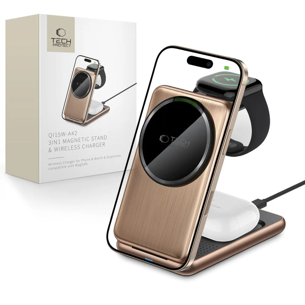 Tech-Protect A42 3in1 MagSafe bezdrôtová nabíjačka na mobil / Apple Watch / AirPods 15W, zlatá tch / AirPods 15W, zlatá
