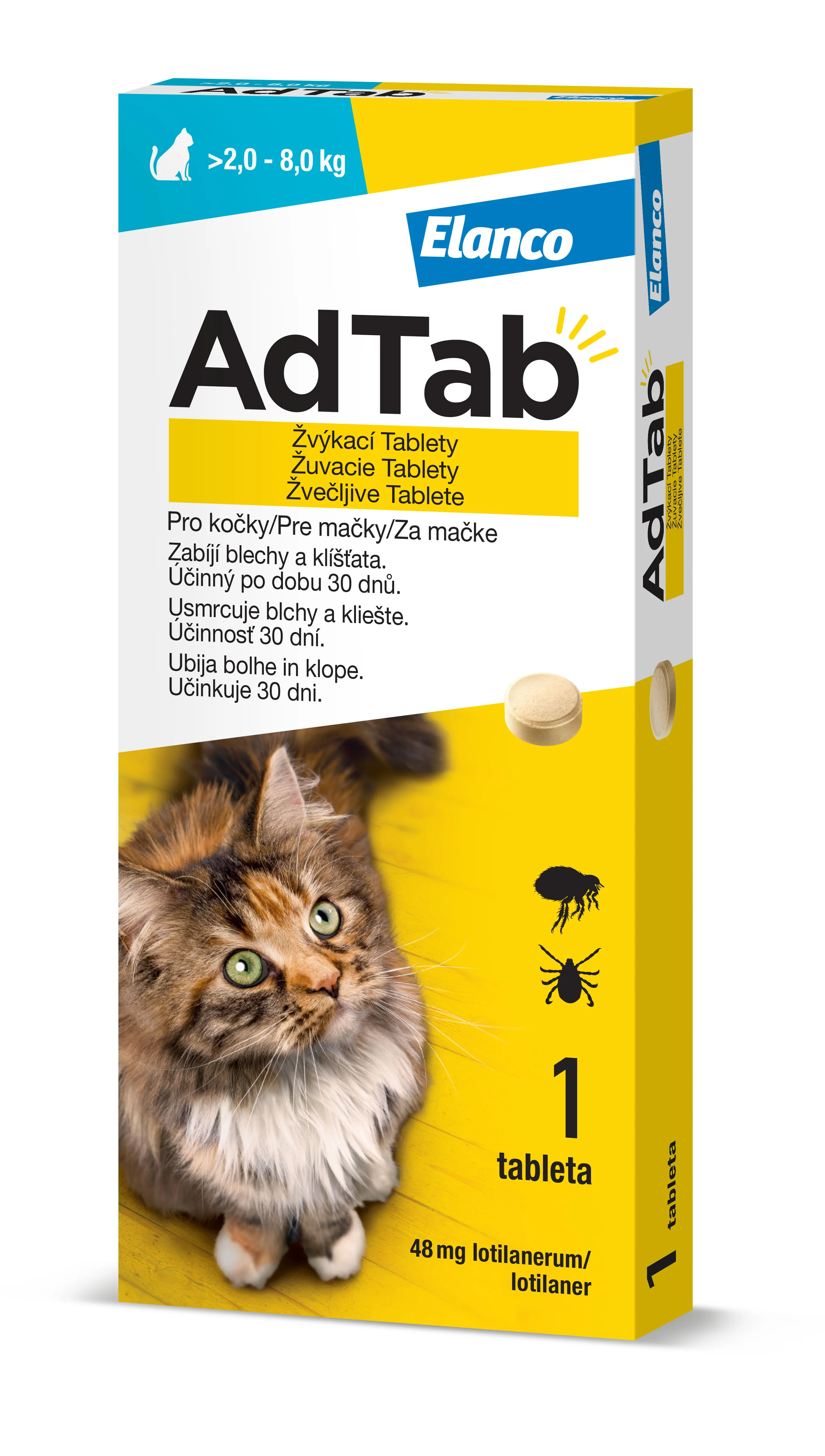 AdTab žuvacie tablety pre mačky 48 mg, hmotnosť mačky > 2,0-8,0 kg 1 tbl