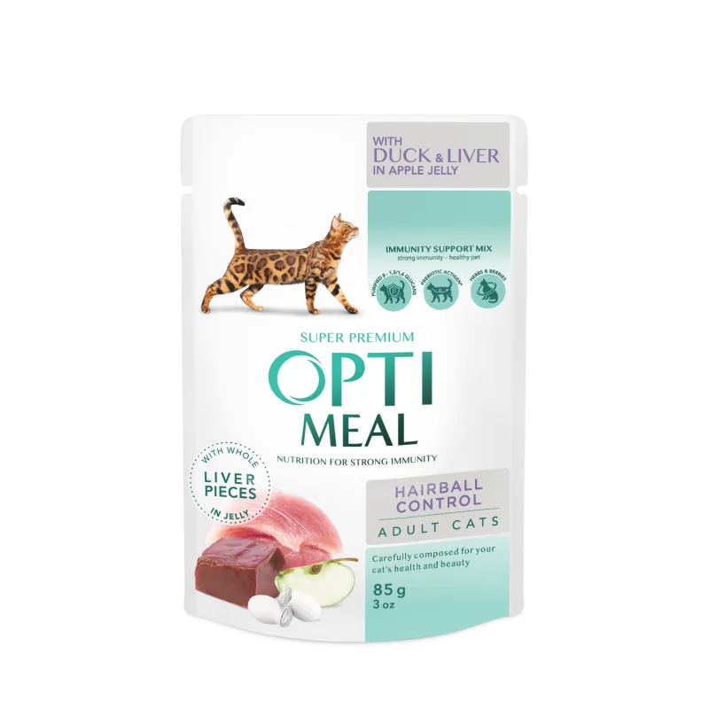 OPTIMEAL™ Superpremium Hairball control, s kačicou a plátkami pečene v jablkovom želé 85 g (4027)