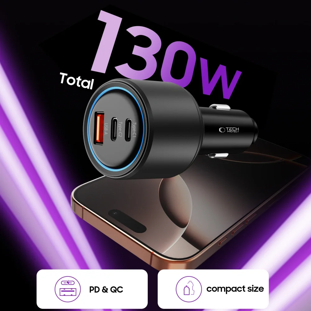 Tech-Protect CC04 autonabíjačka USB / 2x USB-C 130W PD, čierna