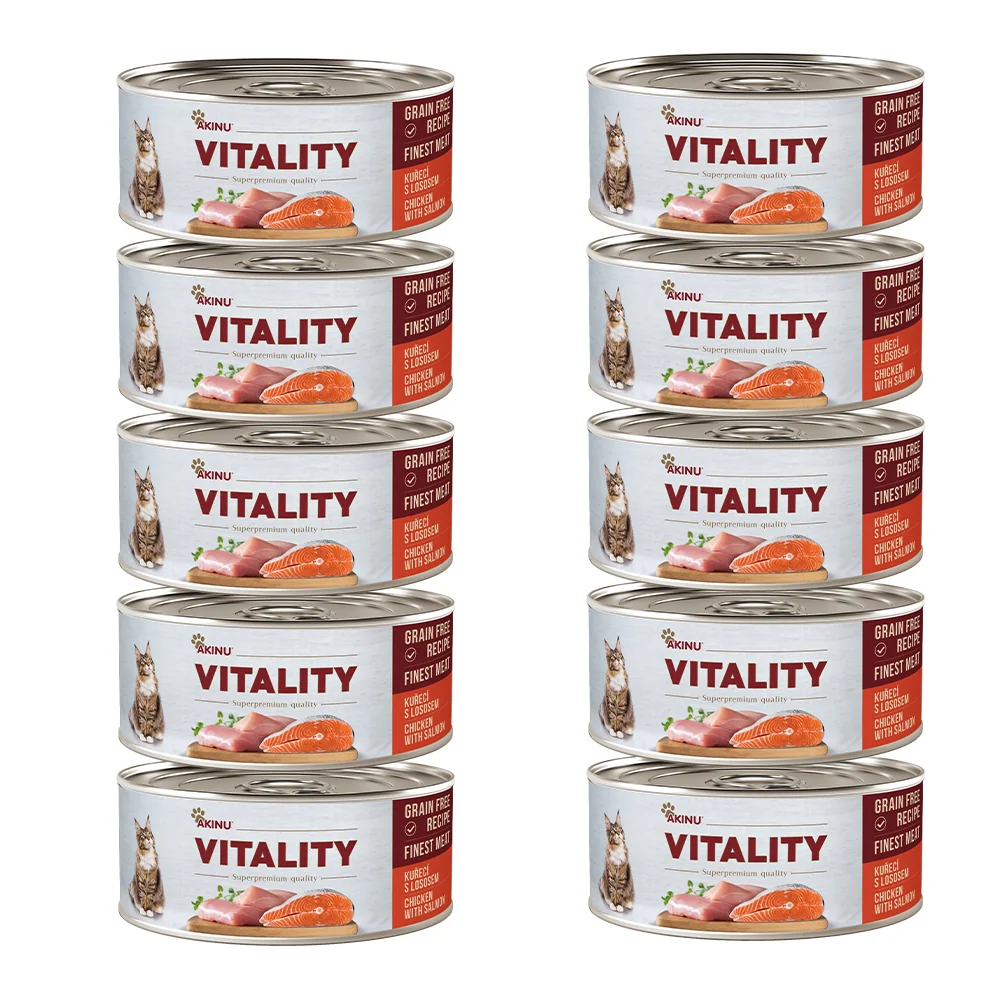 Akinu VITALITY Kuracie mäso a losos v konzerve pre mačky 10 x 70 g