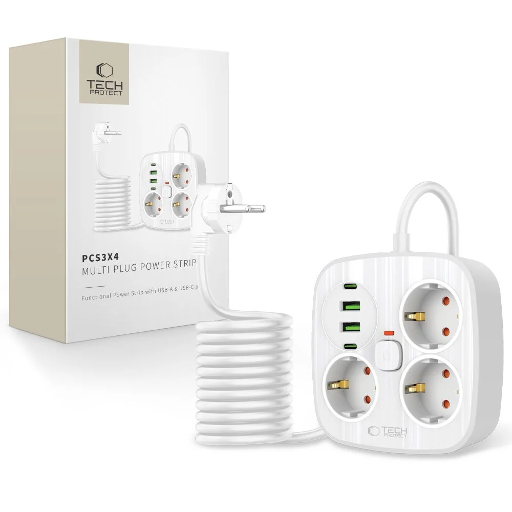 Tech-Protect PCS3X4 predlžovací kábel 2x USB / 2x USB-C / 3 zásuvky 2m, biela , biela