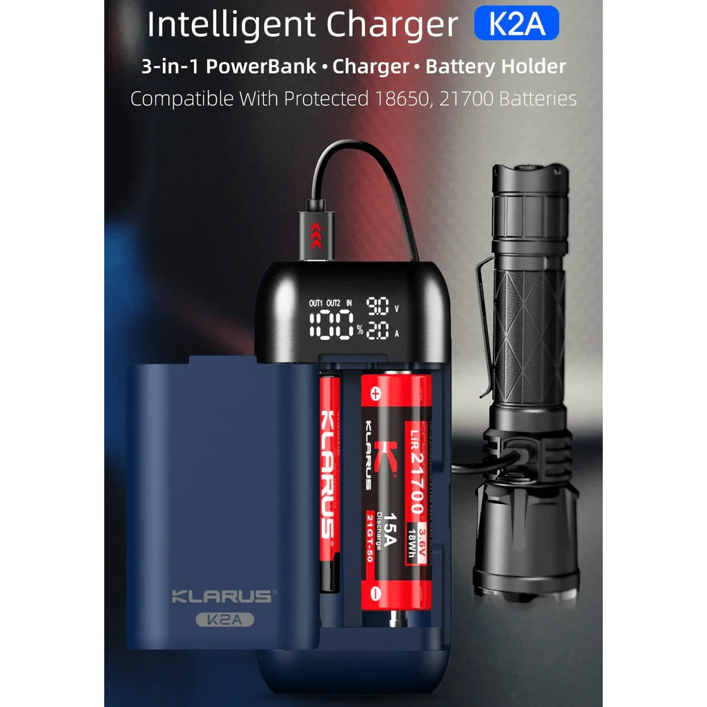 KLARUS K2A 3v1 duálna inteligentná nabíjačka + držiak na batérie + powerbank, LCD displej