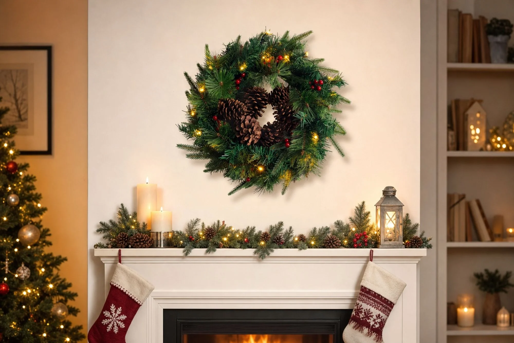 MagicHome vianočný LED veniec so šiškami, 1 ks 20 LED teplá biela, IP20, 3xAA, 45 cm