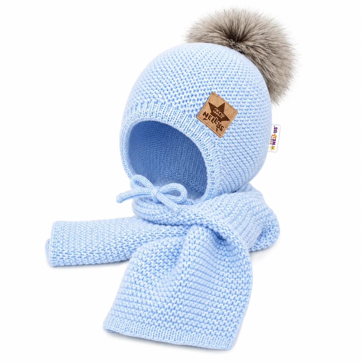 BABY NELLYS Zimná čiapočka s šálom - chlupáčková Bambulka - sv. modrá/sivá