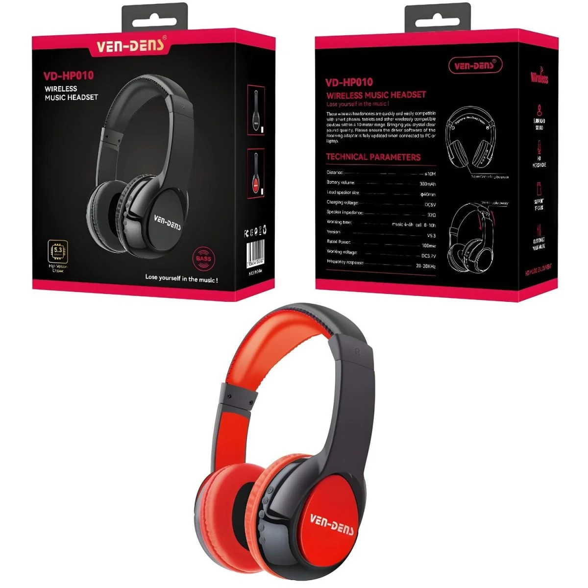 Bezdrôtové Slúchadlá/Hudobný Headset - Červená/Čierna Ven-Dens VD-HP010