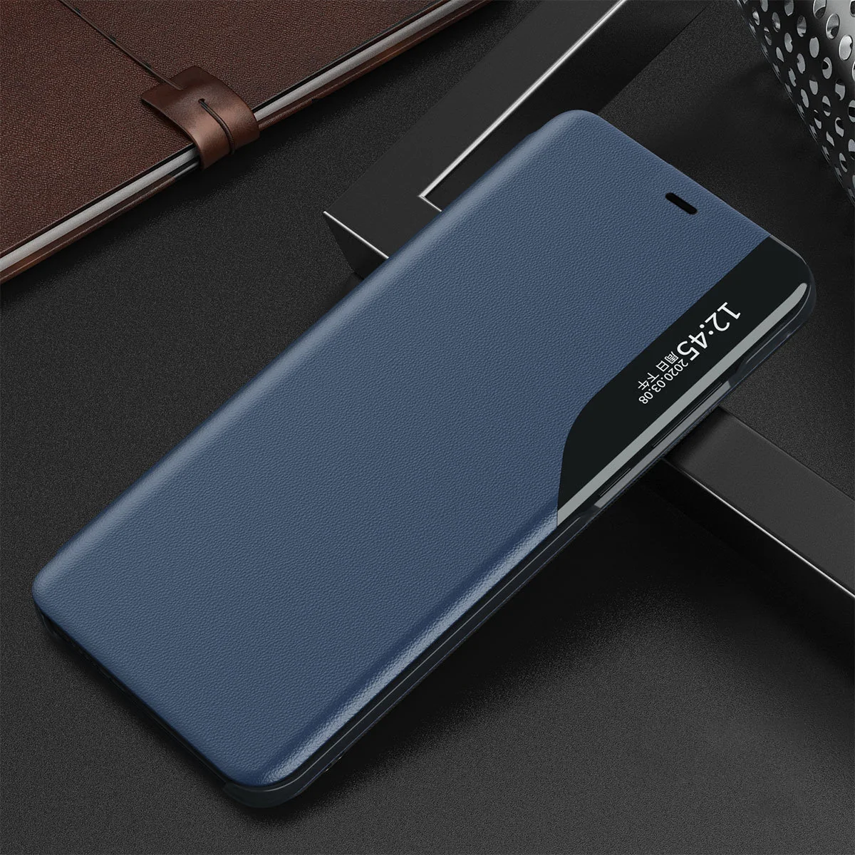 MG Eco Leather View knižkové puzdro na iPhone 13 Pro Max, modré