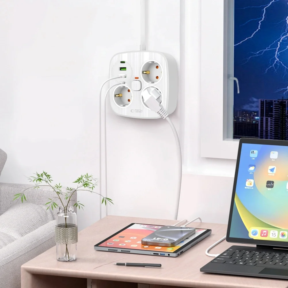 Tech-Protect PCS3X4 predlžovací kábel 2x USB / 2x USB-C / 3 zásuvky 2m, biela , biela