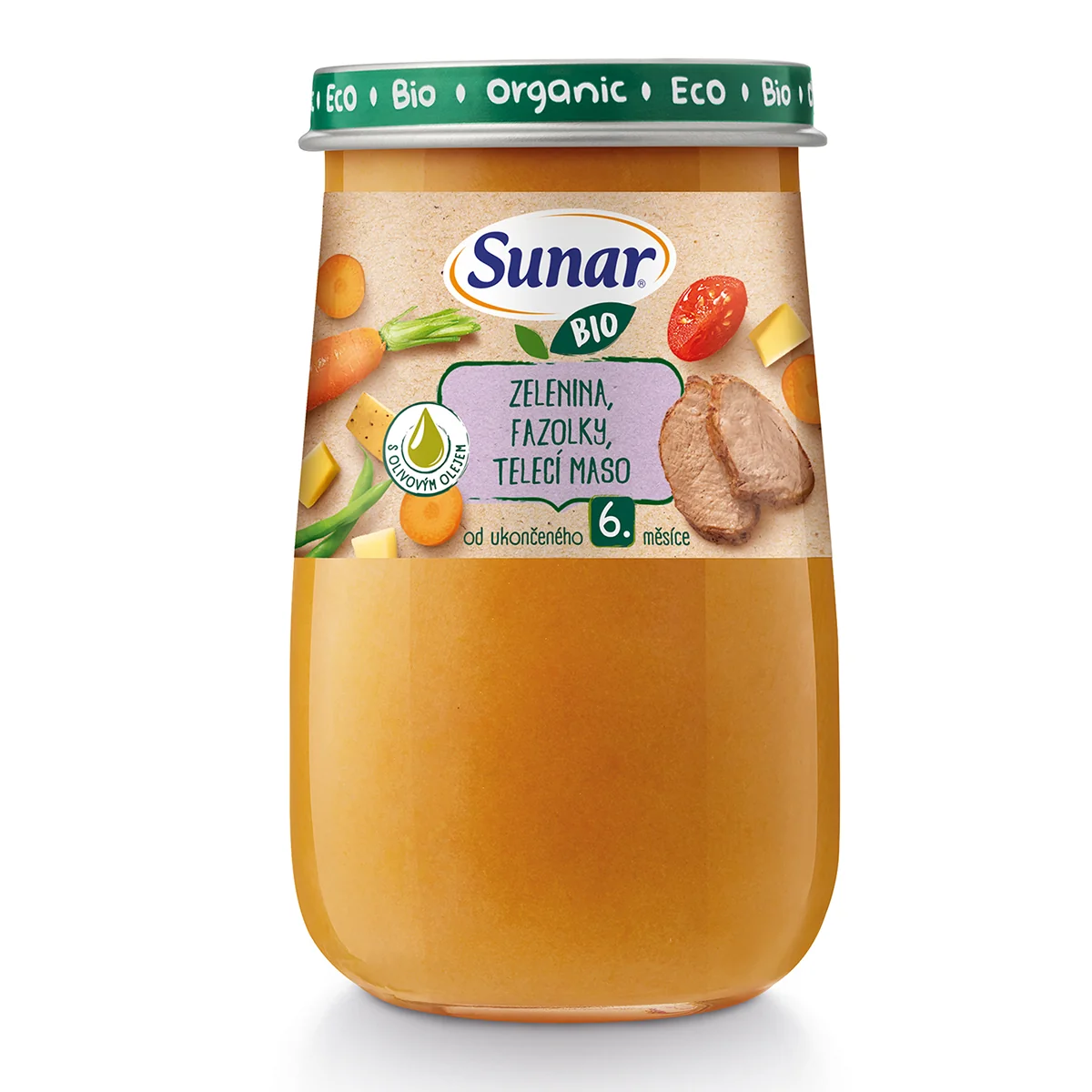 Sunar BIO Zelenina, fazuľky, teľacie mäso, olivový olej 1×190 g, BIO zeleninový príkrm
