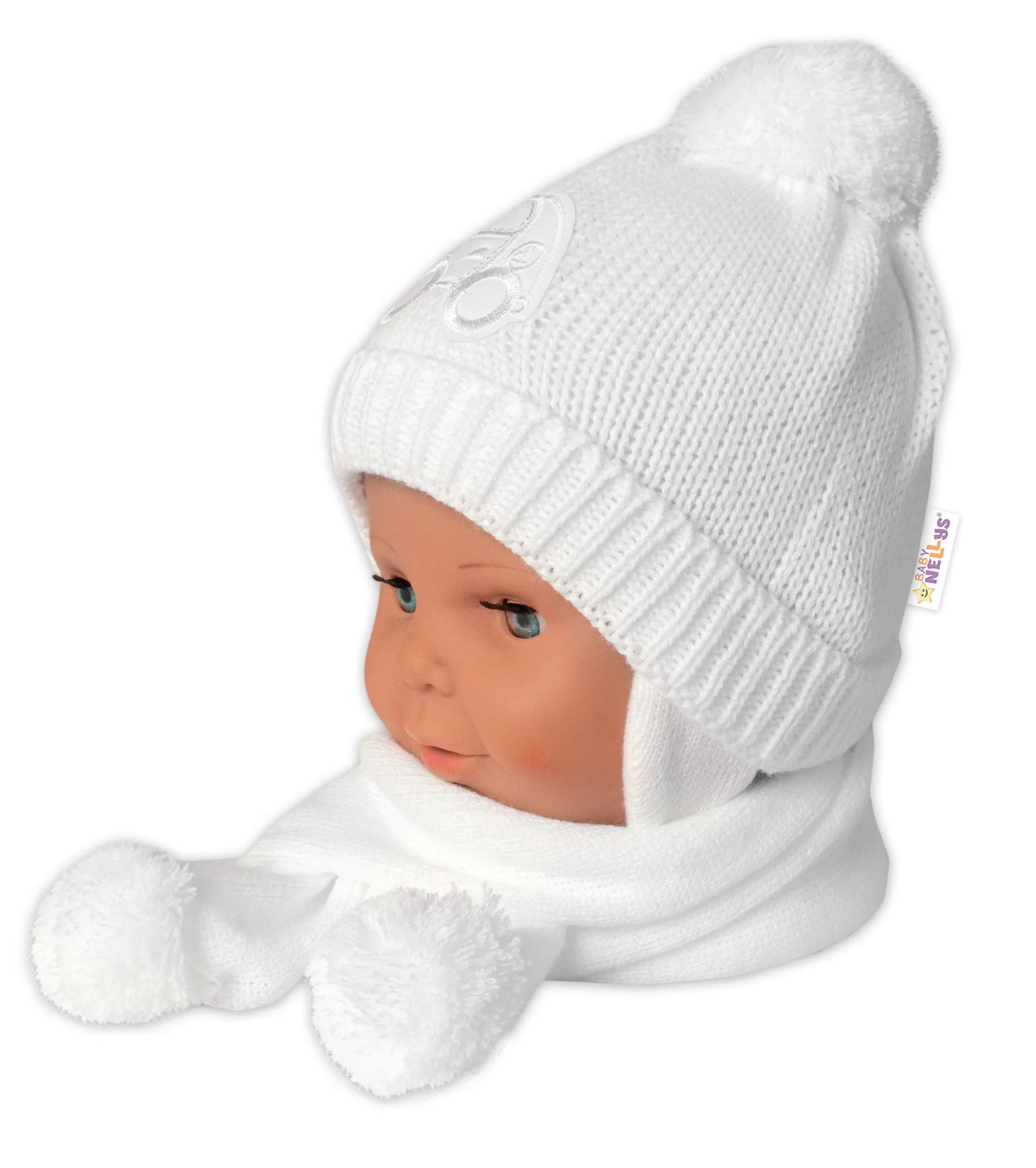 Zimná čiapočka s šálom - Autíčko, biela, 0-6m,