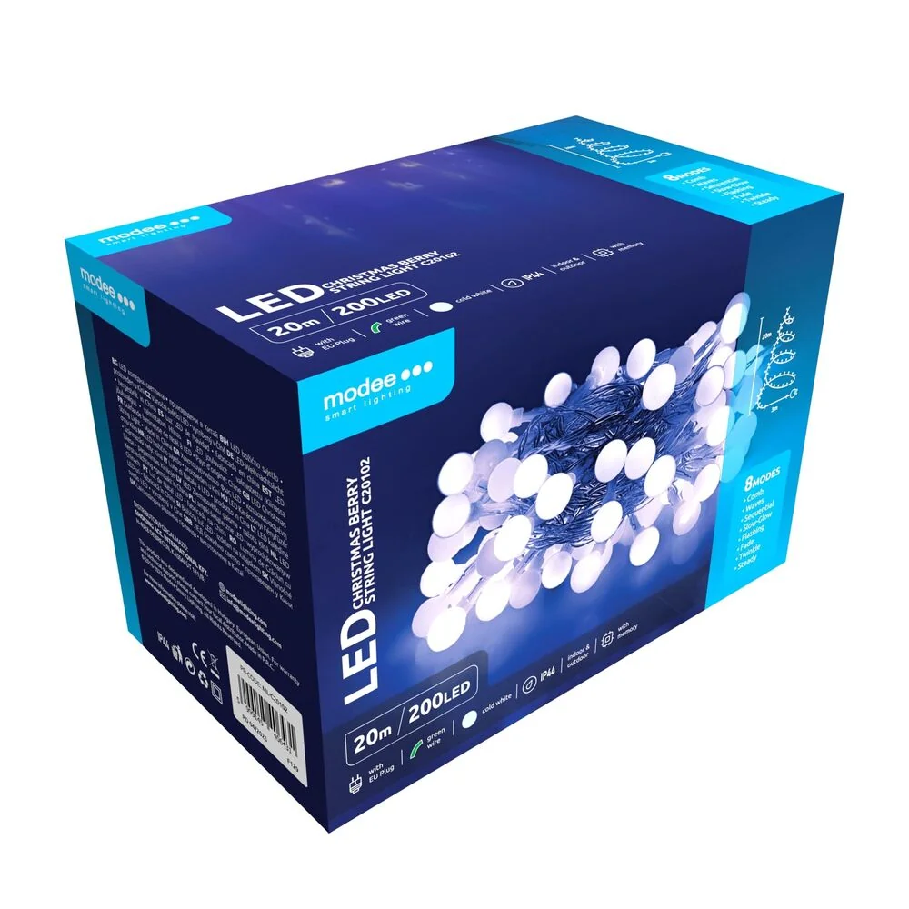 Modee Lighting LED vianočná reťaz 200 LED 20m studená biela bobule