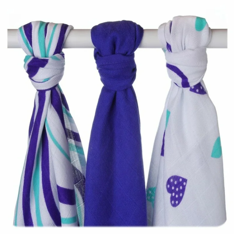 XKKO BMB bambusové plienky 70x70 Hearts&Waves Ocean Blue MIX, 3 ks