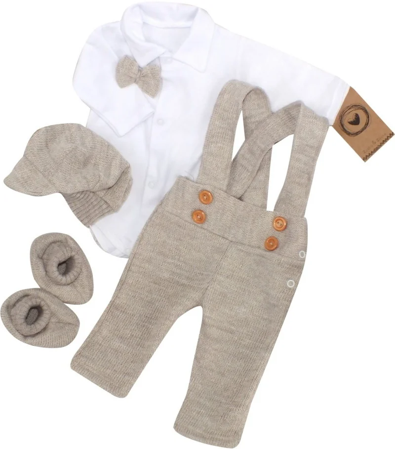 Z&Z 5-dielna pletená sada Boy, body, nohavice, čiapočka motýlik, topánočky, béžová, veľ.62