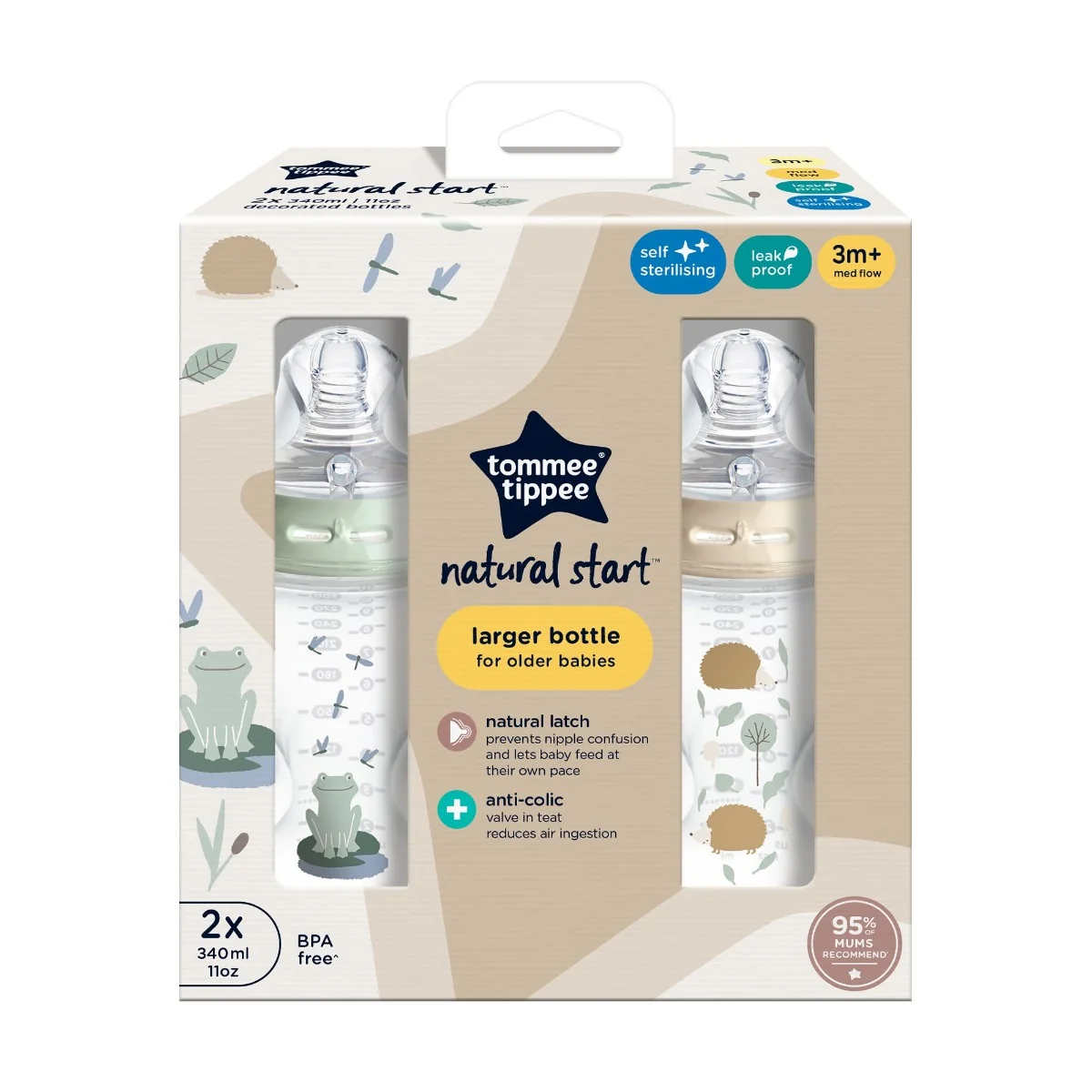 Tommee Tippee Natural Start Samosterilizačná Dojčenská Fľaša s ANTI-COLIC cumlíkom Stredný Prietok 340 ml 3m+, Ježko a Žabička, 2 ks 1×2 ks, dojčenská fľaša