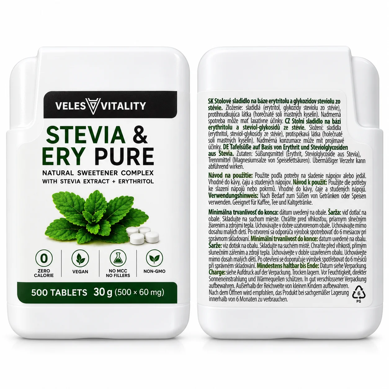 Veles Vitality STEVIA & ERY PURE sladidlo 500 tabliet Prírodné sladidlo so stéviou a erytritolom v dávkovači