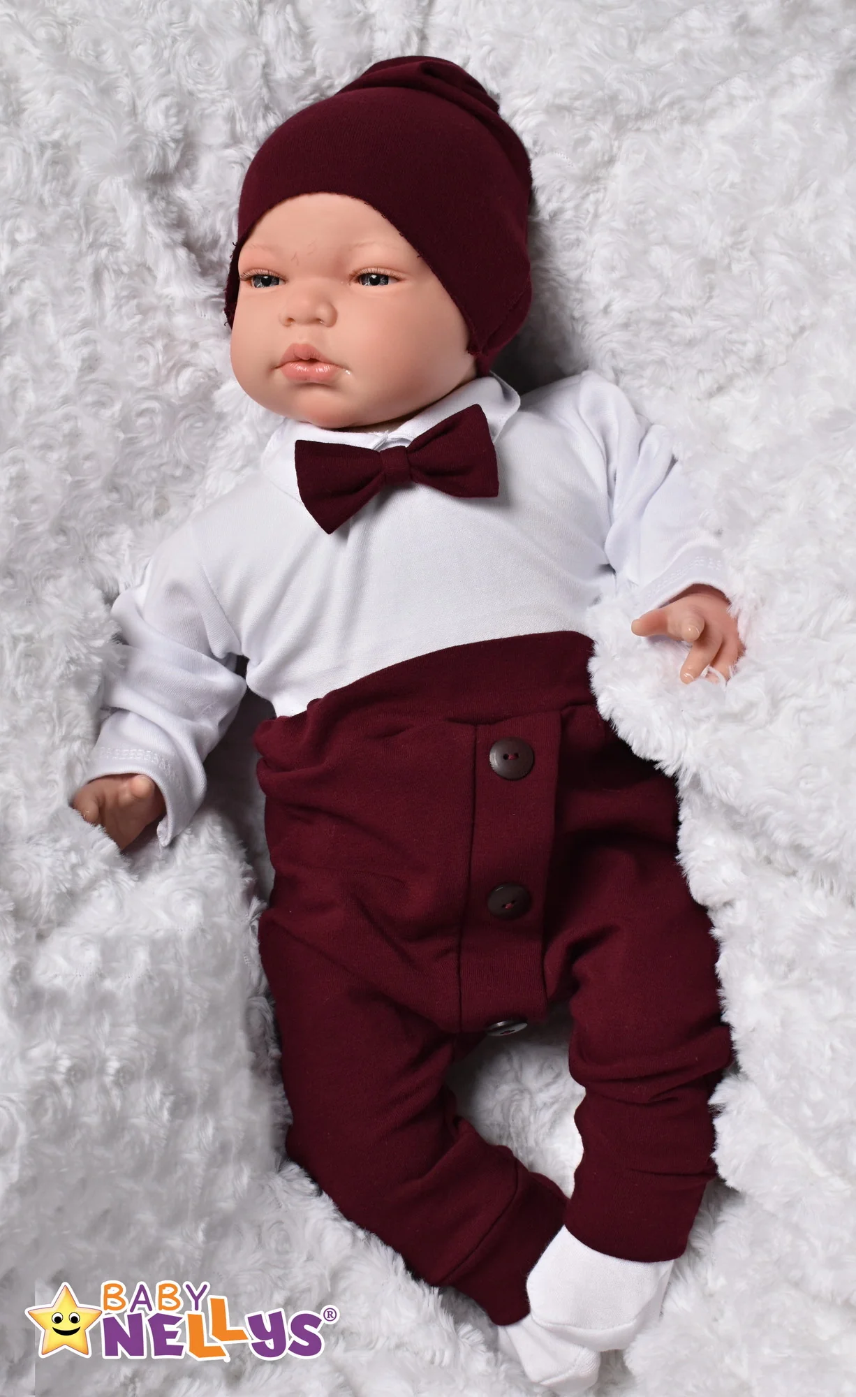 Baby Nellys 3-dielna sada Hubert, body s motýlikom, tepláčiky a čiapočka - bordo, veľ. 98
