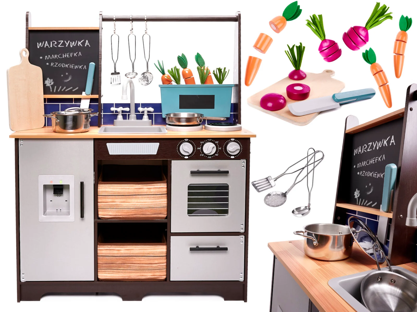 Drevená kuchynka LOFT+ 96 cm + kovové doplnky a „kostkárka ľadu“