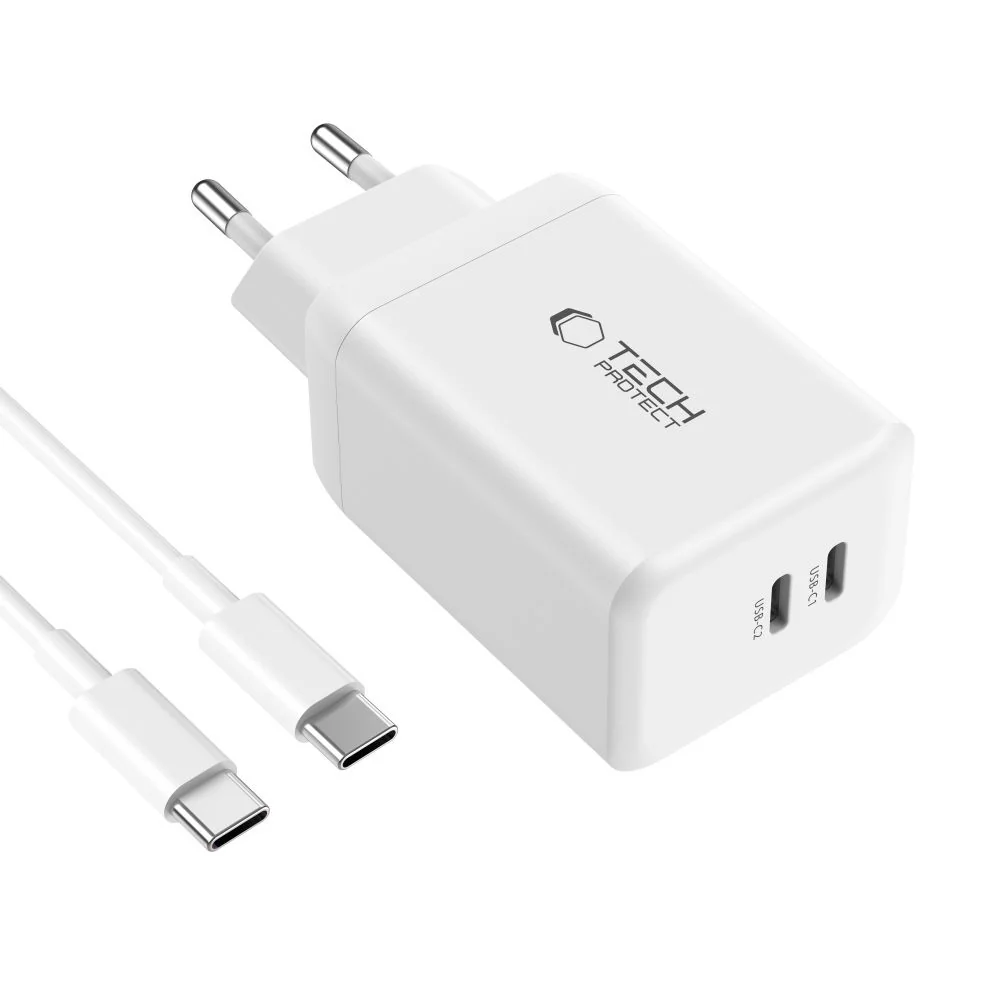 Tech-Protect NC45W GaN sieťová nabíjačka 2x USB-C 45W + kábel USB-C, biela iela