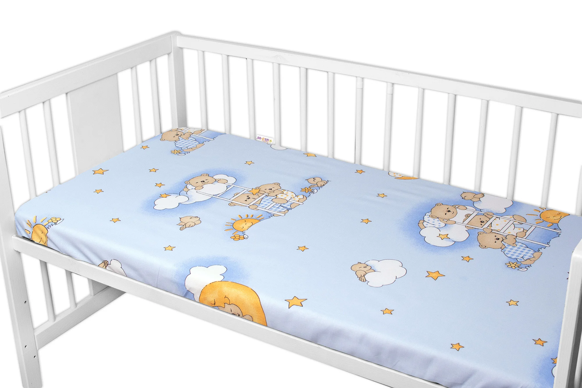 Prestieradlo do postieľky 140x70cm, bavlna, Premium, Medvedík na rebríku, modré