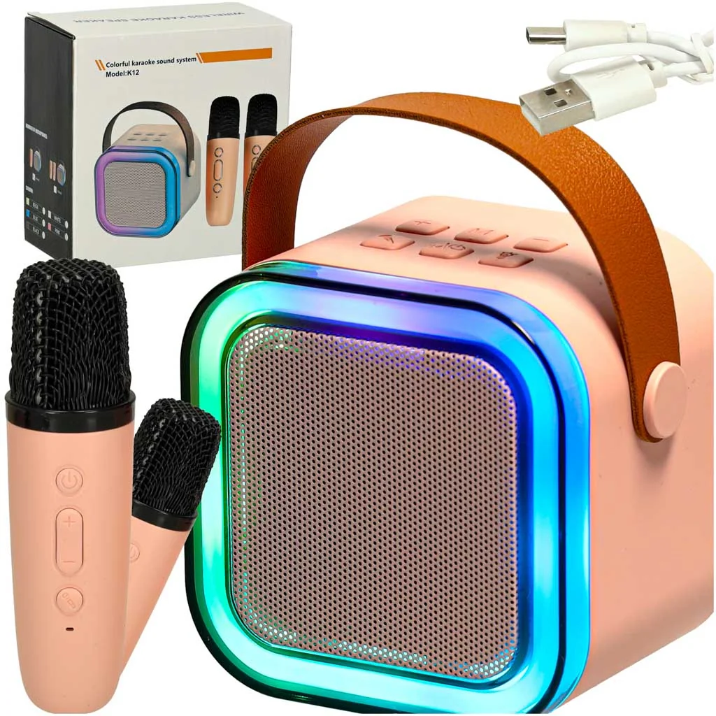 Karaoke set 2 mikrofóny + prenosný reproduktor BLUETOOTH USB LED ružová