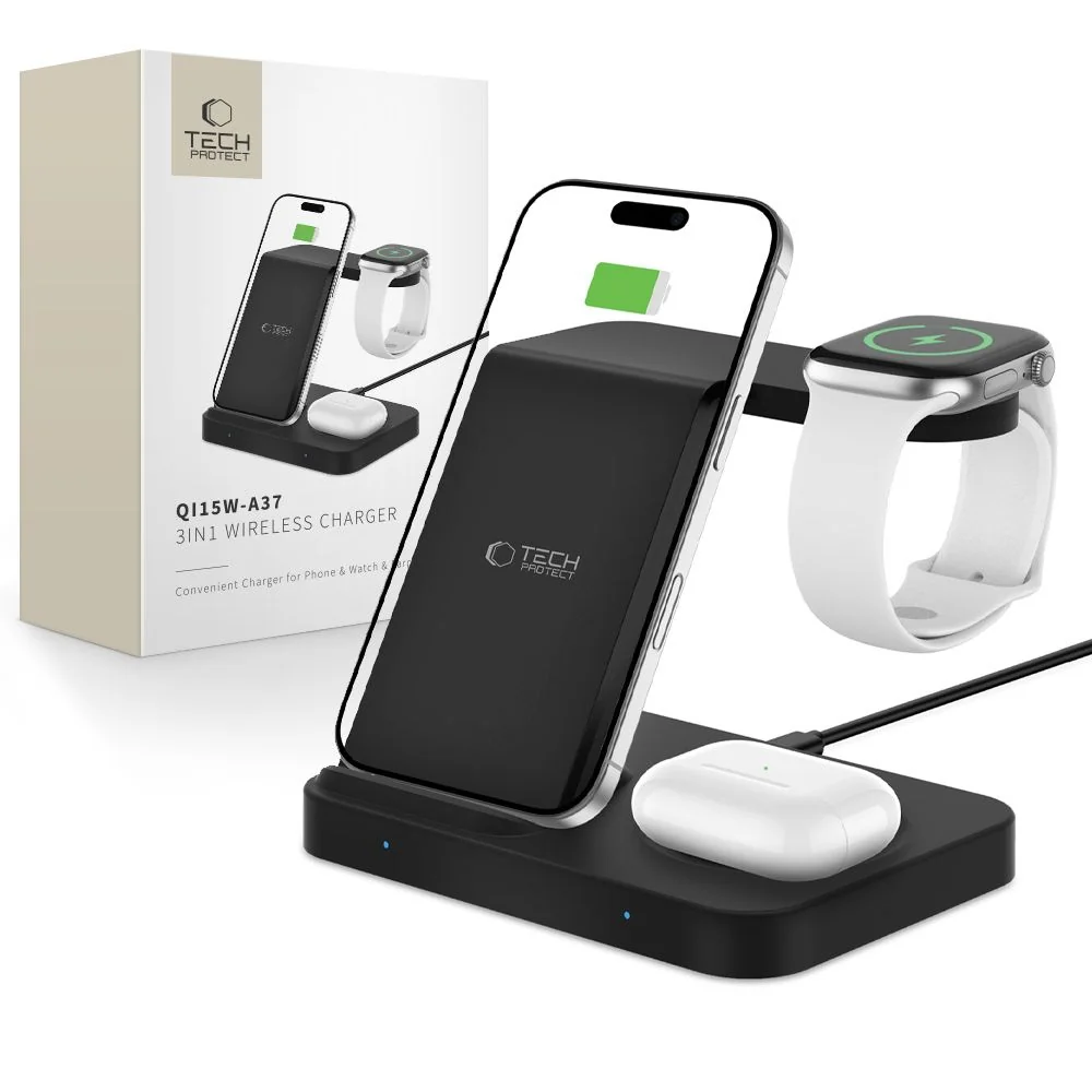 Tech-Protect A37 3in1 bezdrôtová nabíjačka na mobil / Apple Watch / AirPods, čierna rPods, čierna
