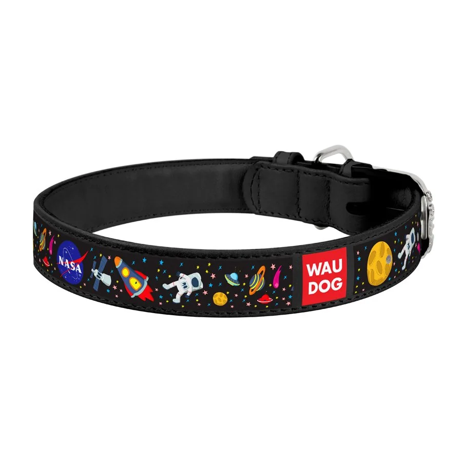 Kožený obojok so vzorom NASA čierny, Obvod krku: 27-36 cm, širka: 15 mm