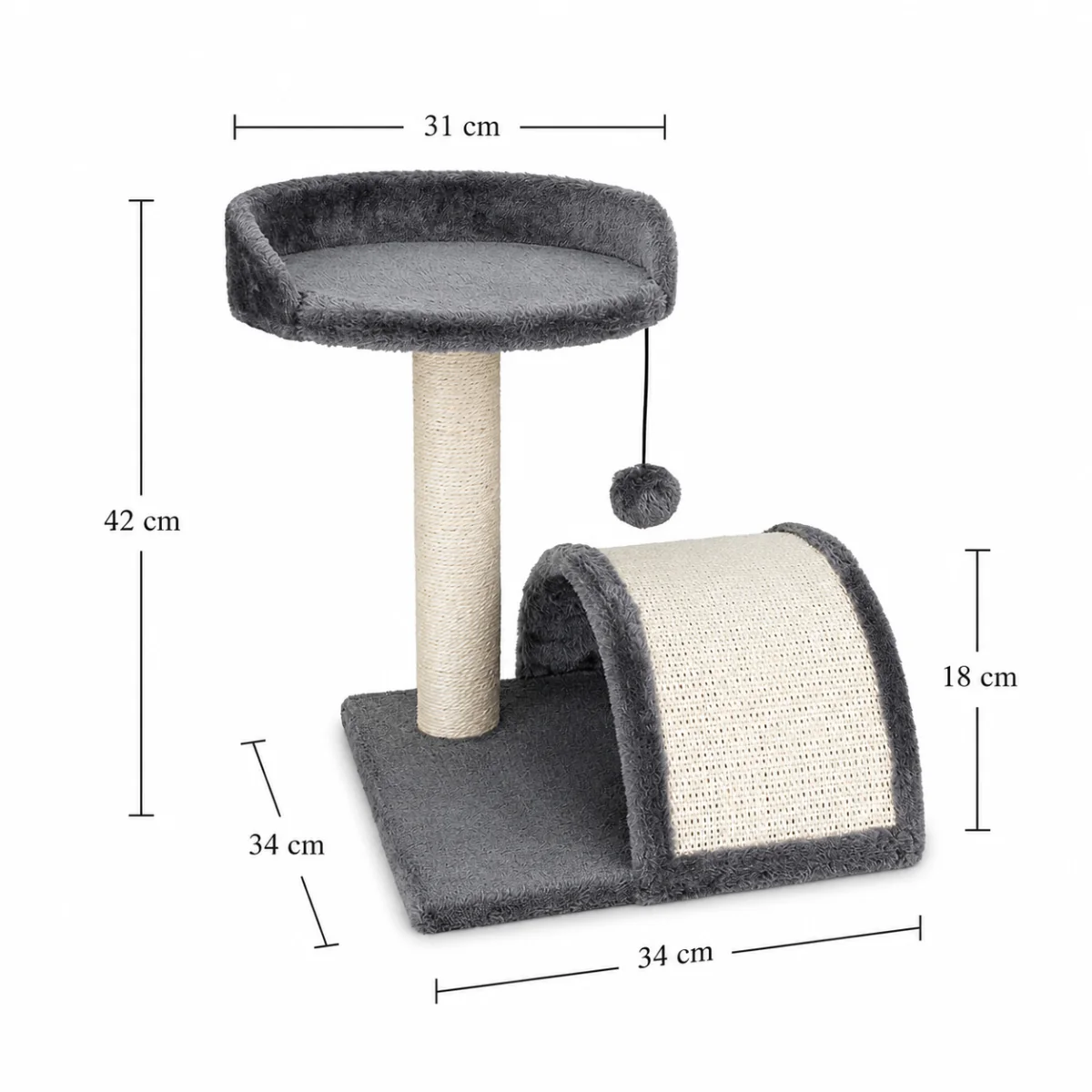 Škrabadlo pre mačky s úkrytom a guličkou na šnúrke 42 cm – MDF, sisal, tmavo sivá