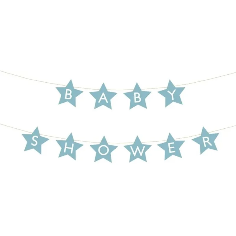 Baby shower banner svetlomodrý s hviezdičkami – 290×16,5 cm, nápis „Baby Shower“