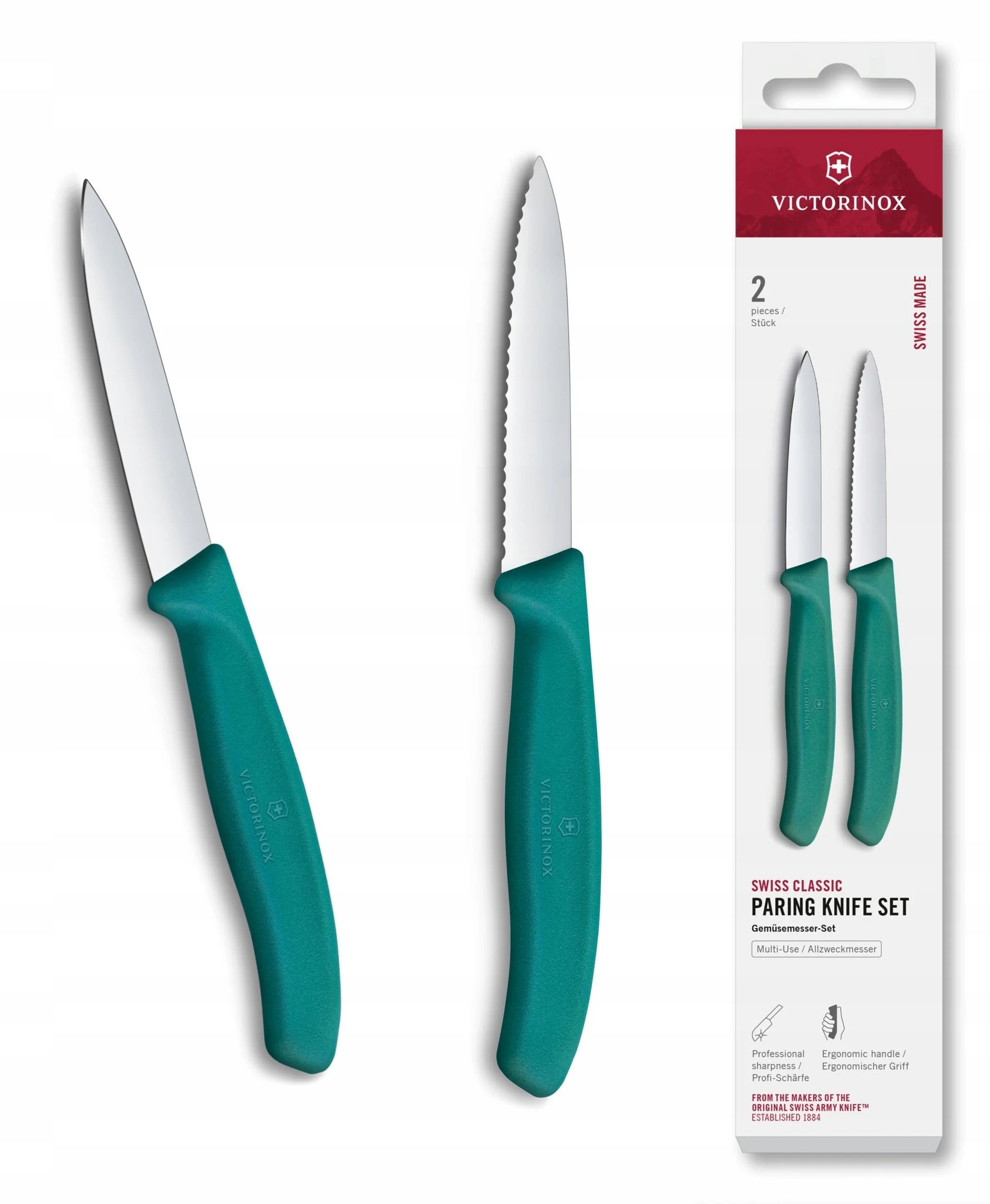 Swiss Classic, sada nožov na krájanie, 2 kusy, 8 cm, rovný/vlnitý, špicatá špička, zelená, krabička