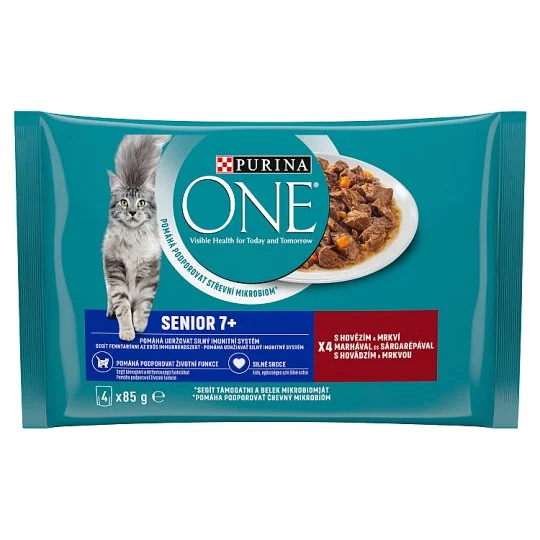 PURINA ONE SENIOR 7+ mini filetky s hovädzím a mrkvou v šťave (4x85g) 4×85g, kapsičky pre seniorné mačky