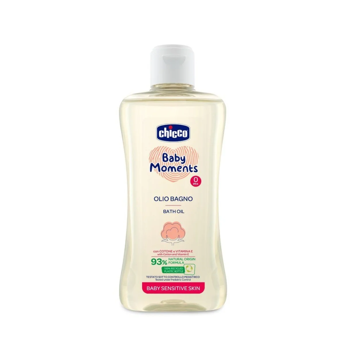 CHICCO Olej do kúpeľa s bavlnou a vitamínom E Baby Moments Sensitive 1×200 ml, 93 % prírodných zložiek
