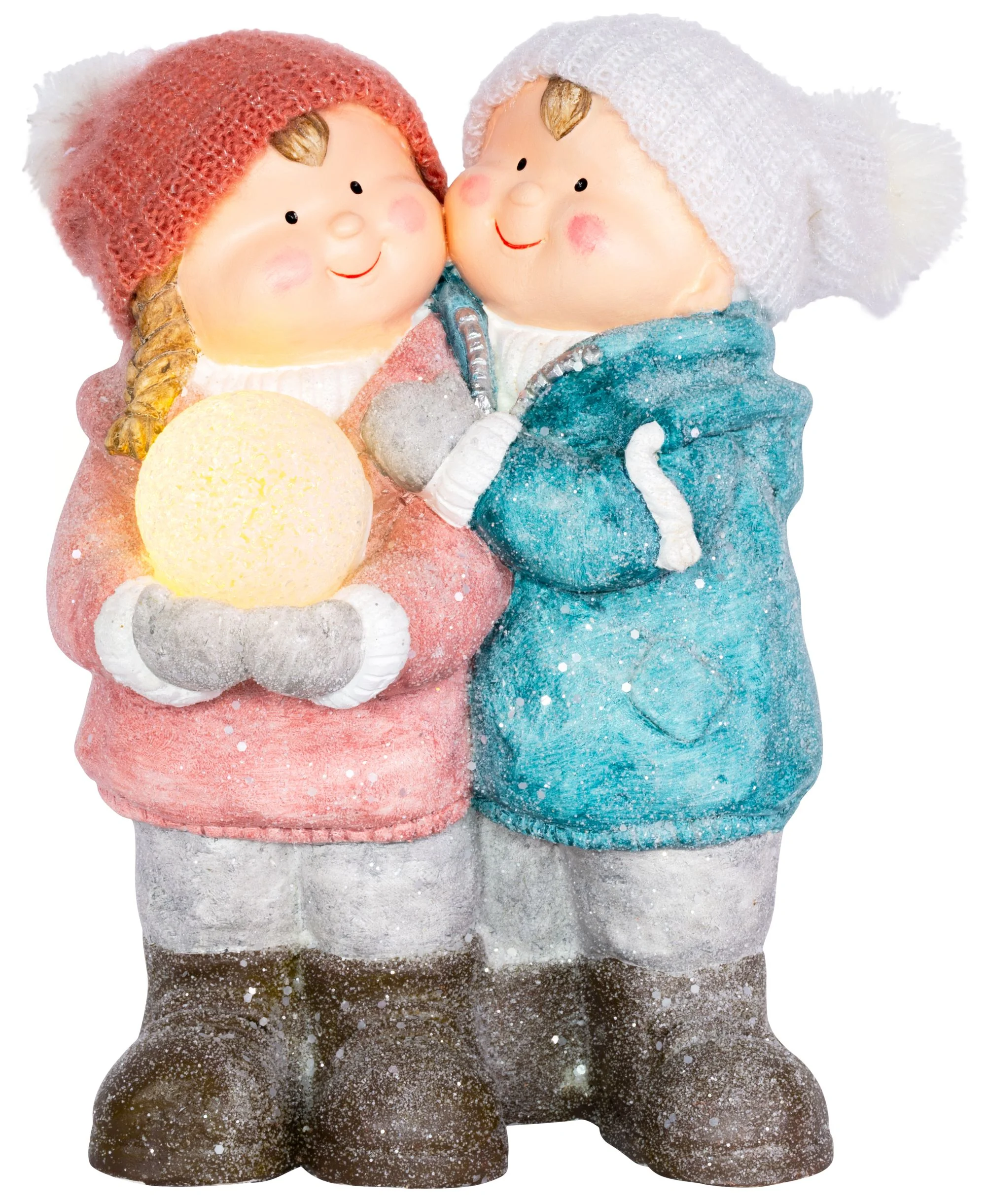 MagicHome vianočná LED postavička chlapček a dievčatko so snehovou guľou, 1 ks 1 LED, keramika, 27,5x23x40 cm