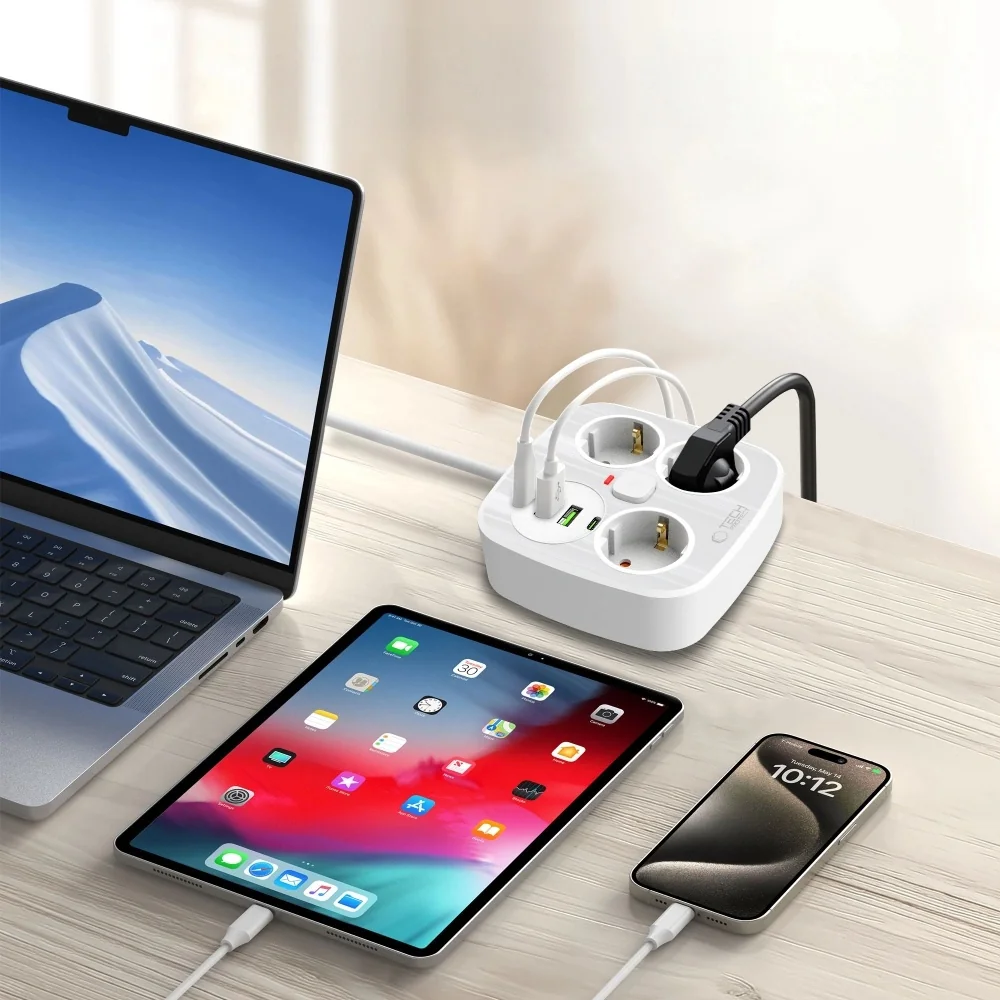 Tech-Protect PCS3X4 predlžovací kábel 2x USB / 2x USB-C / 3 zásuvky 2m, biela , biela