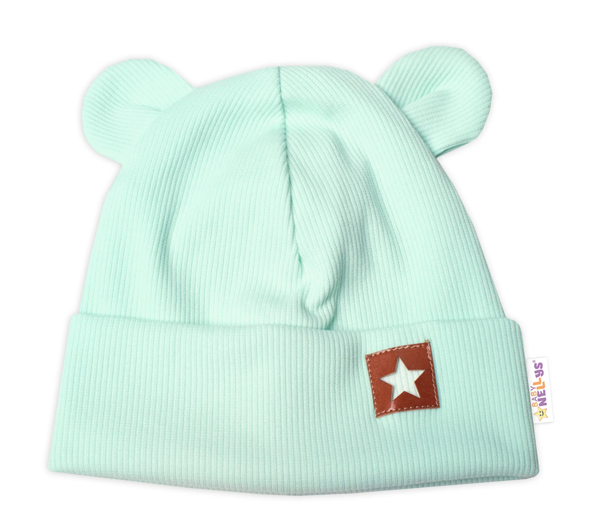 Baby Nellys Rebrovaná dvojvrstvová čiapka s uškami TEDDY - mätová, veľ. 80/86