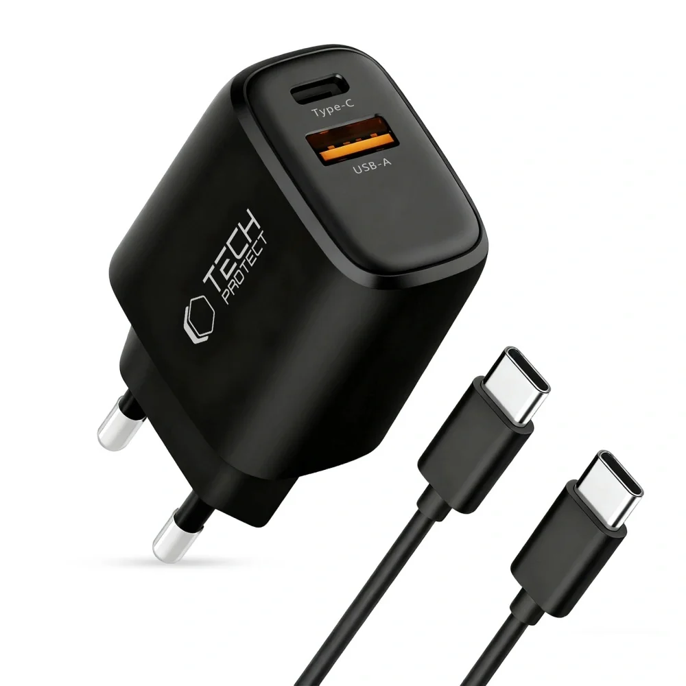 Tech-Protect NCA45W GaN sieťová nabíjačka USB / USB-C 45W PD QC + kábel USB-C, čierna l USB-C, čierna
