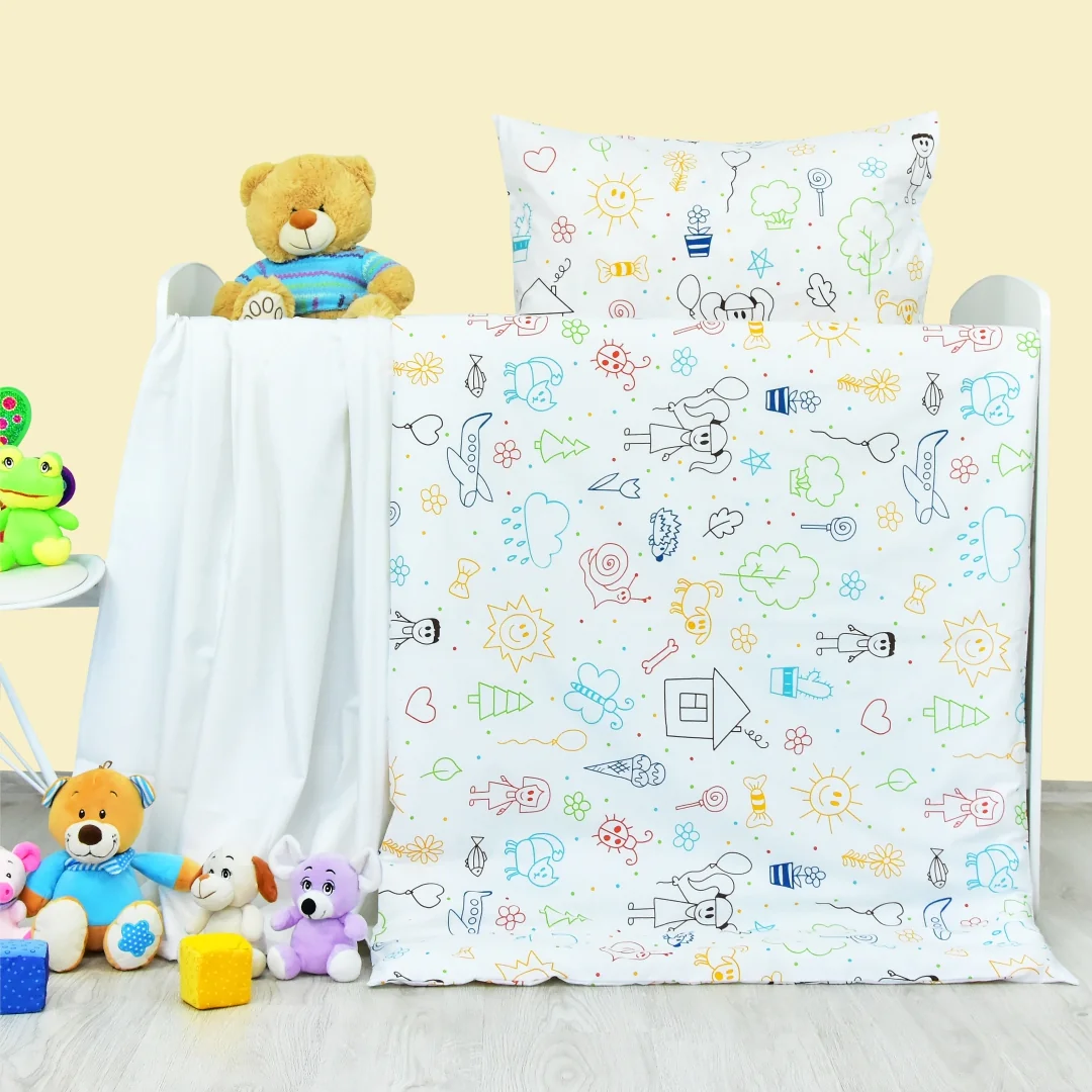EMI posteľné obliečky detské bavlnené Happy biele 90x130 cm, 45x65 cm 1×1 set, detské posteľné obliečky