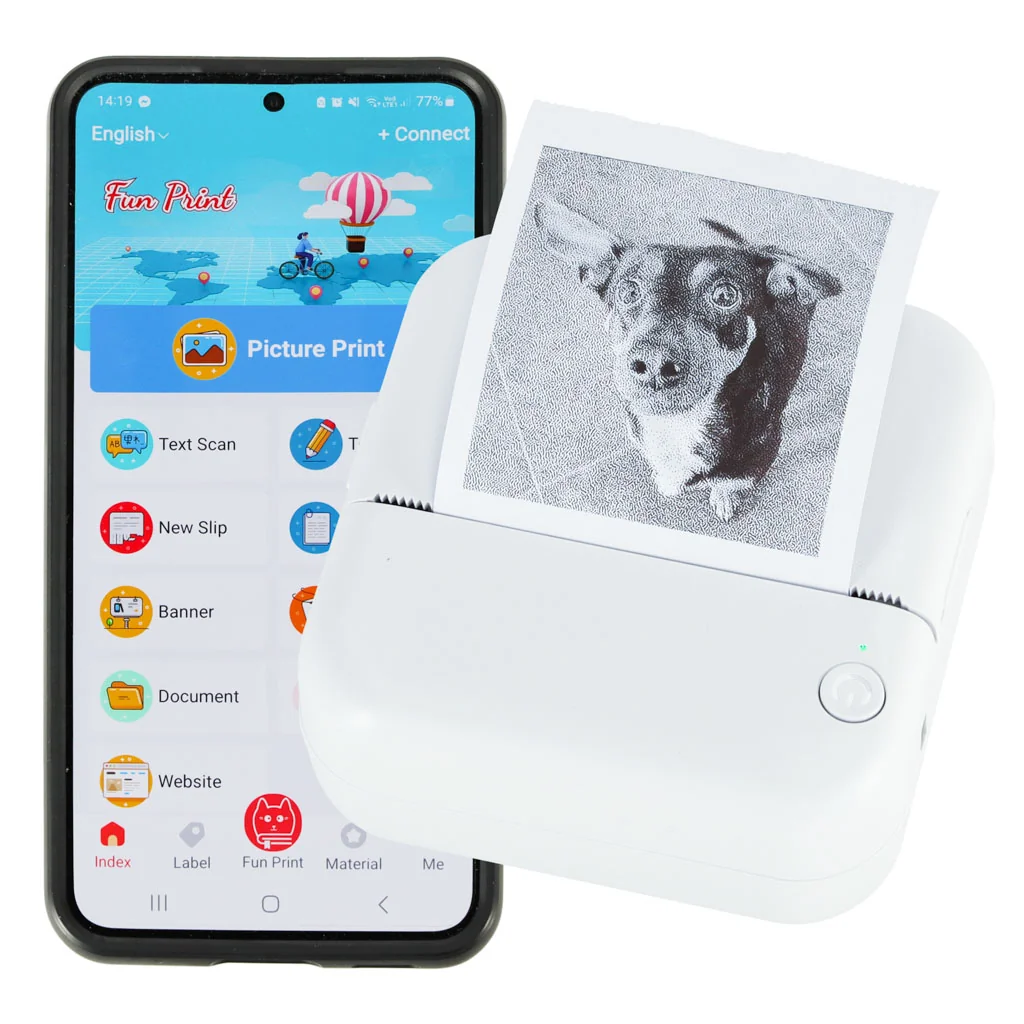 Mini termálna tlačiareň na fotky a etikety – modrá, Bluetooth/USB, bez atramentu