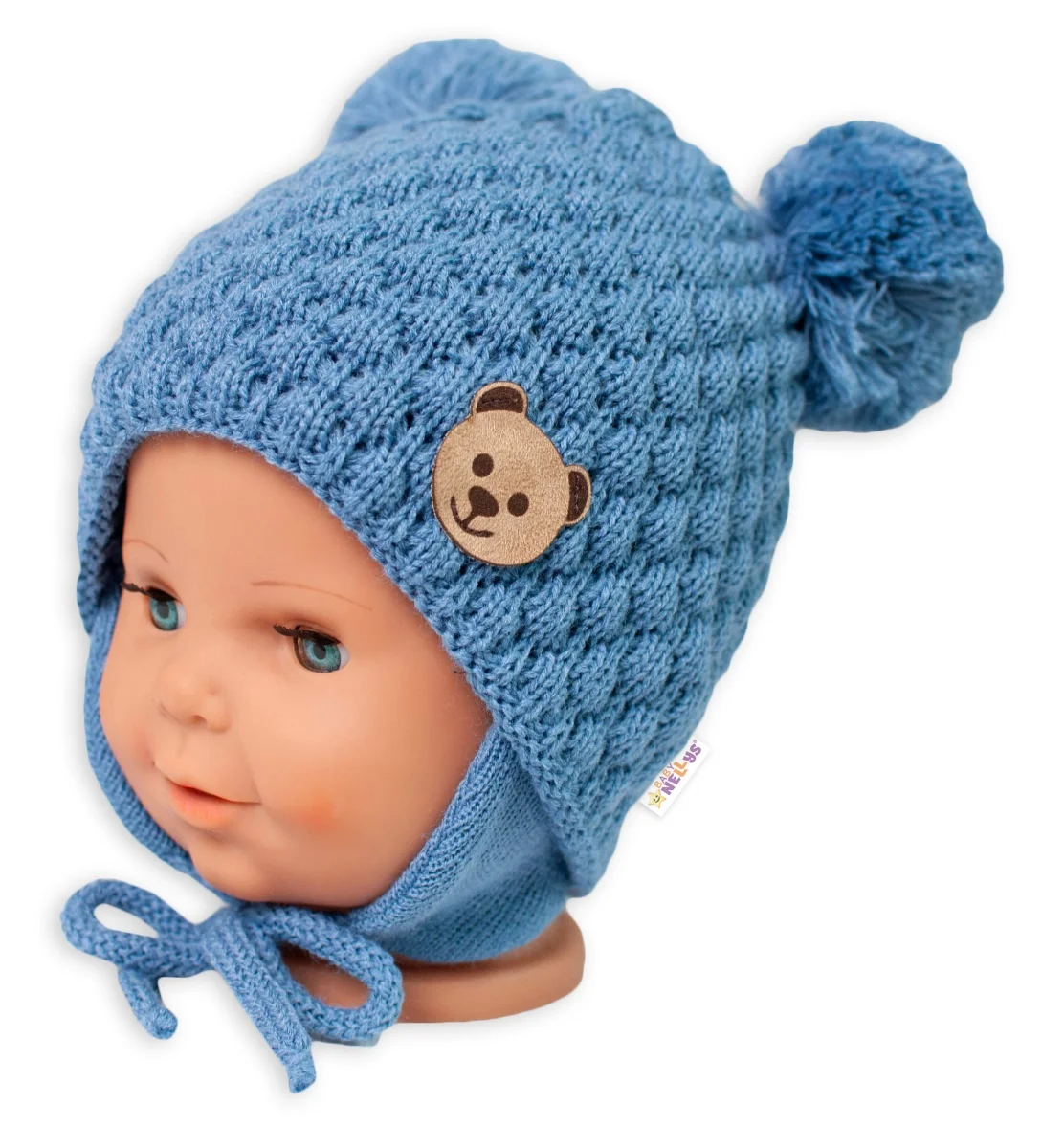 BABY NELLYS Zimná pletená čiapka Teddy Bear na zaväzovanie, modrá, 68/80, (6-12m)