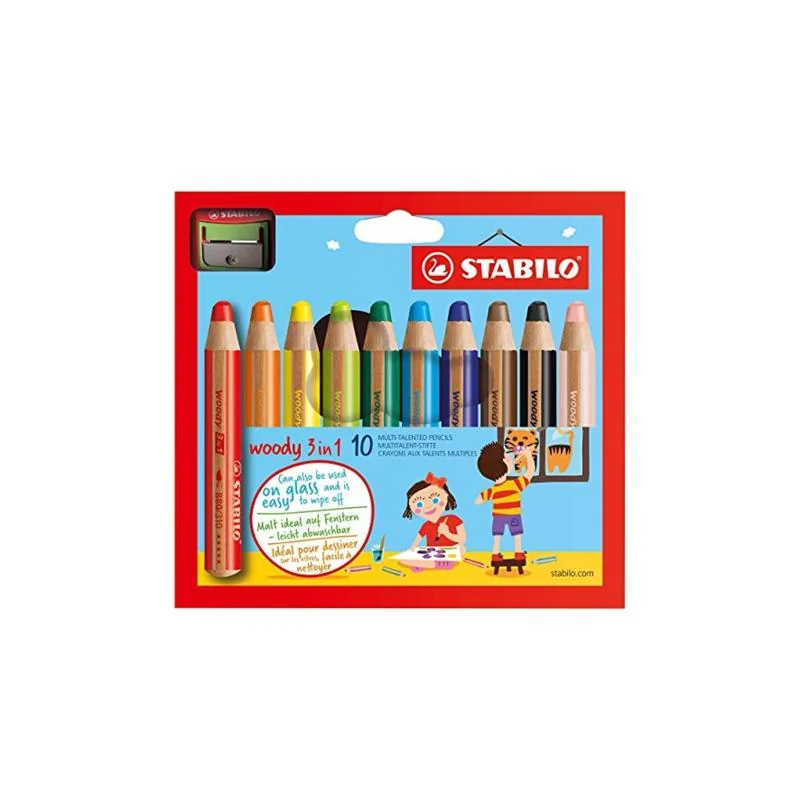 Pastelky Woody 3 v 1, sada 10 ks s orezávadlom 10 rôznych farieb
