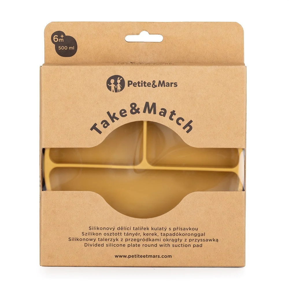 PETITE&MARS Tanierik silikónový deliaci okrúhly Take&Match Intense Ochre 6m+ 1×1 ks, silikónový tanierik