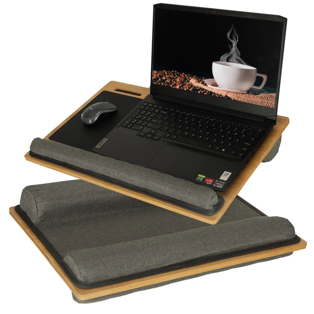 Drevený stolík na notebook s ergonomickým vankúšom – príručný stojan na gauč a posteľ
