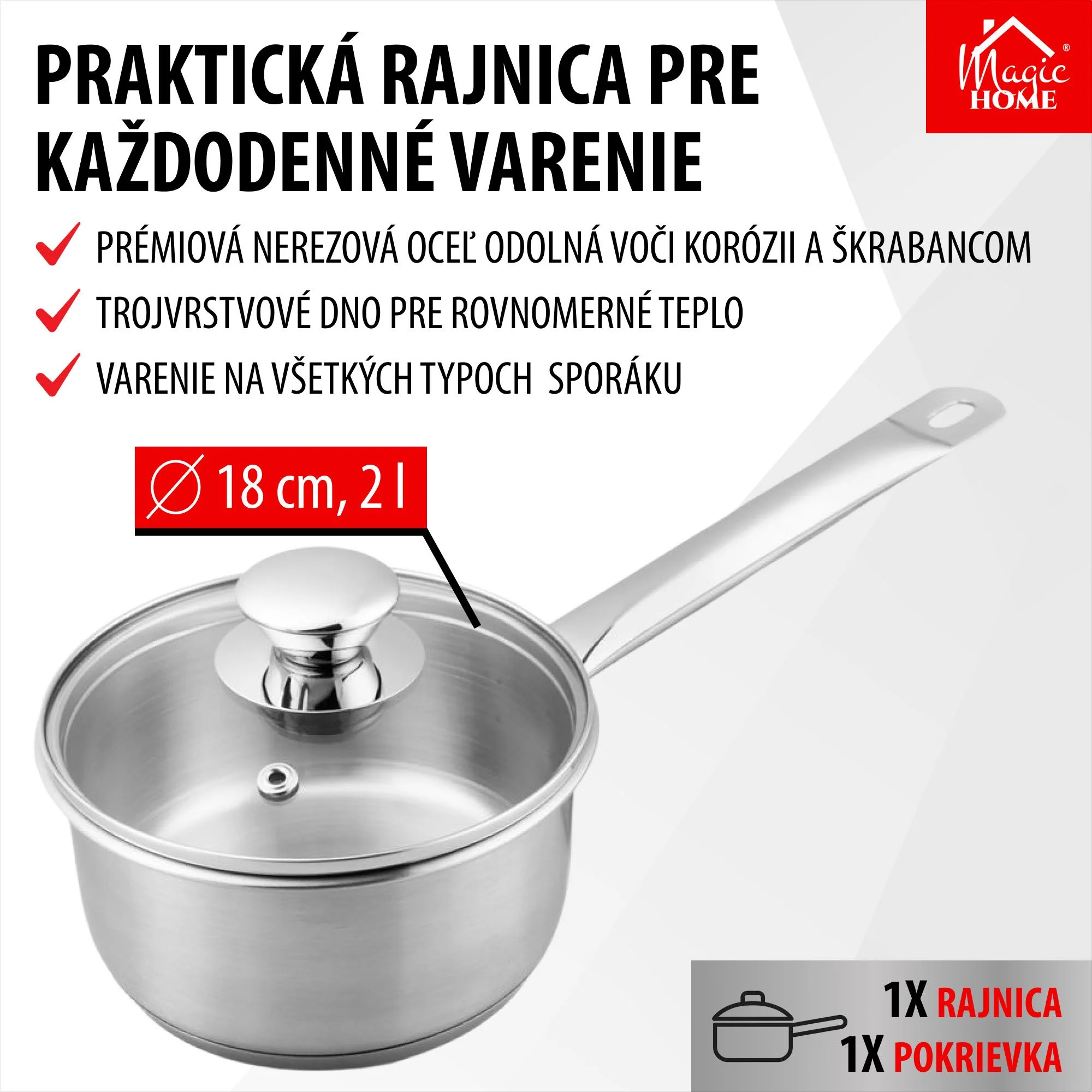 MagicHome rajnica Chloe, 1 ks 18 cm, 2 l, so sklenenou pokrievkou, nerez