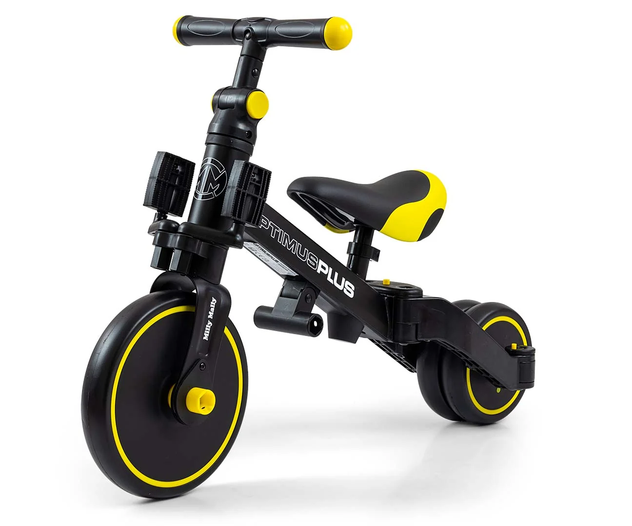 Balančná trojkolka, bicykel, odrážadlo a vodiaca tyč, Optimus Plus 4 v 1, čierna